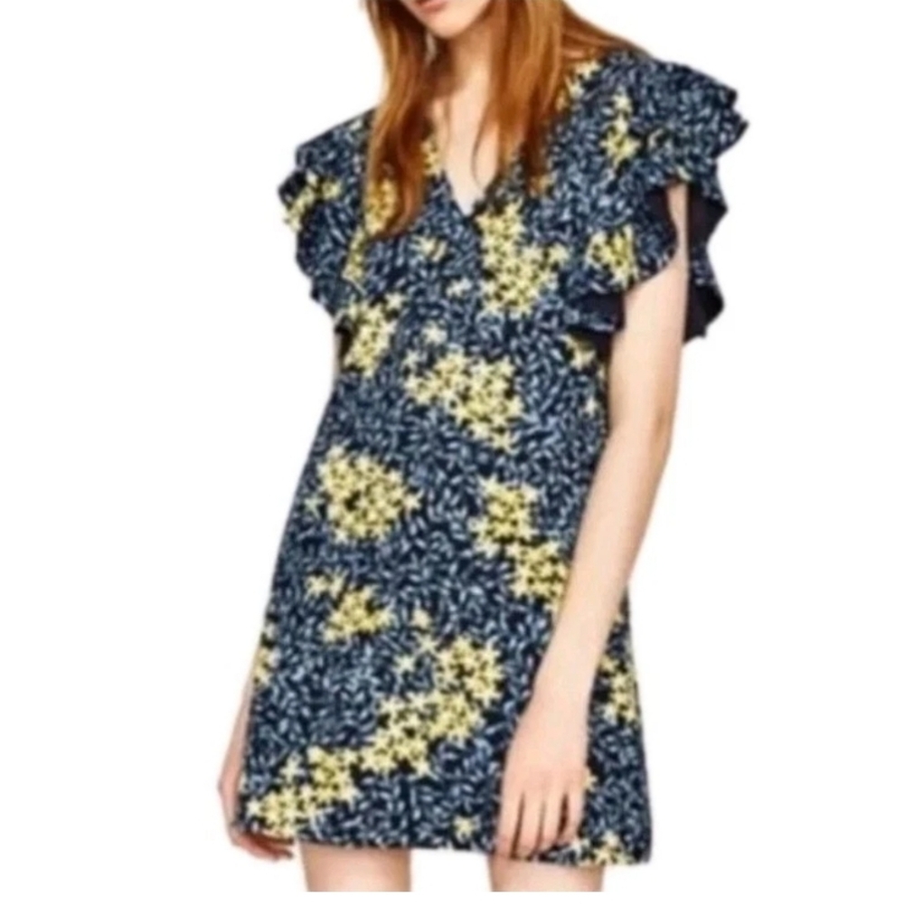 ZARA‎ size Medium Floral V Neck Ruffle Sleeve Mini Dress Stretch Blue Yellow